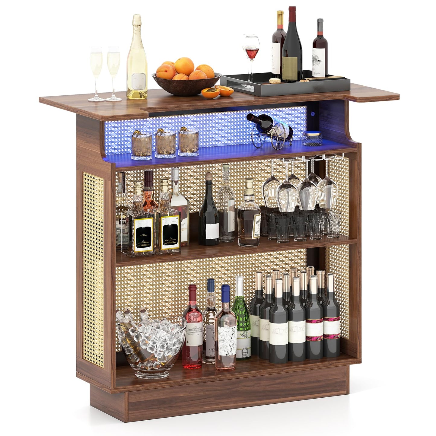Bar Table, 4-Tier Rattan Bar Cabinet with RGB LED Light