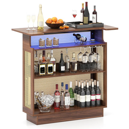 Bar Table, 4-Tier Rattan Bar Cabinet with RGB LED Light