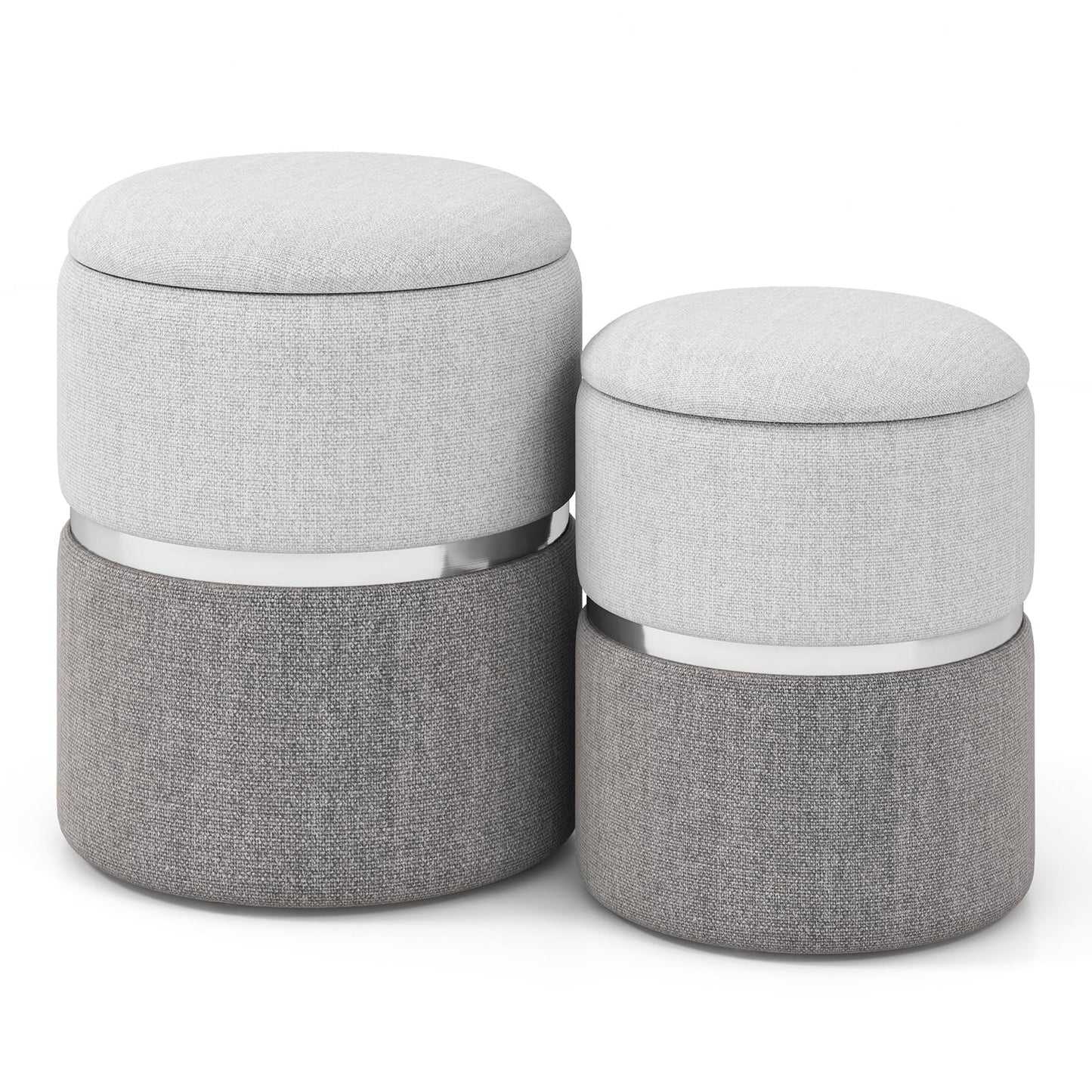 Modern Round Linen Fabric Storage Ottoman Set of 2