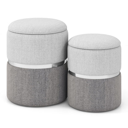Modern Round Linen Fabric Storage Ottoman Set of 2