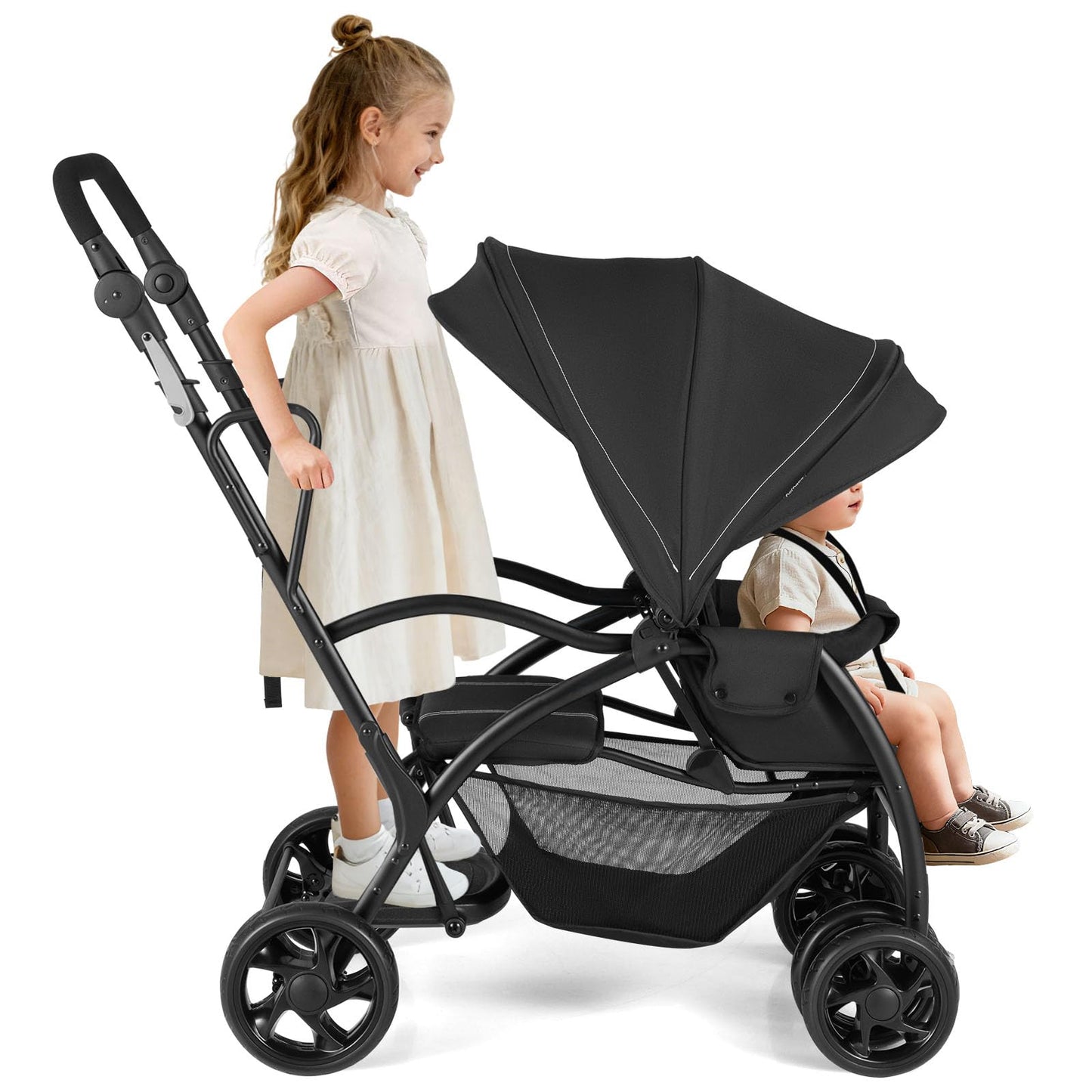Sit and Stand Stroller, Double Baby Pushchair with Adjustable Canopy