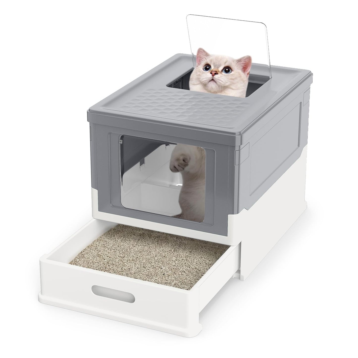 Cat Litter Box, Foldable Hooded Litter Tray with Lid, Flip Top Exit