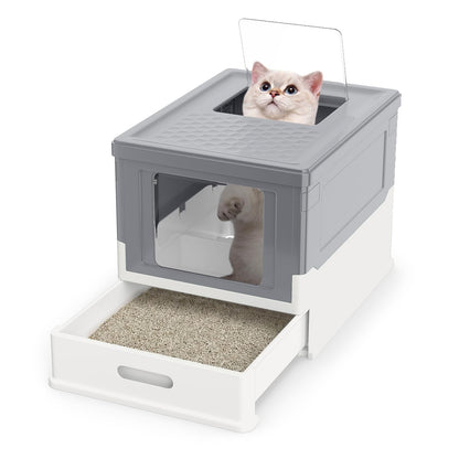 Cat Litter Box, Foldable Hooded Litter Tray with Lid, Flip Top Exit