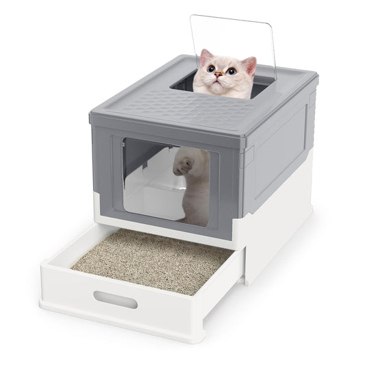 Cat Litter Box, Foldable Hooded Litter Tray with Lid, Flip Top Exit