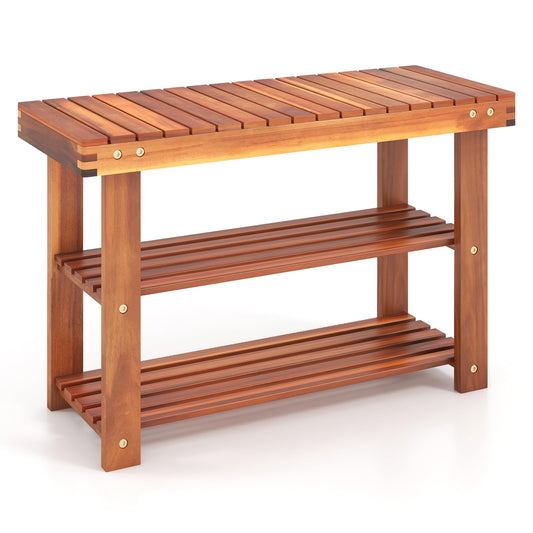 70 x 28 x 45cm Acacia Wood Shoe Shelf Stand Seat