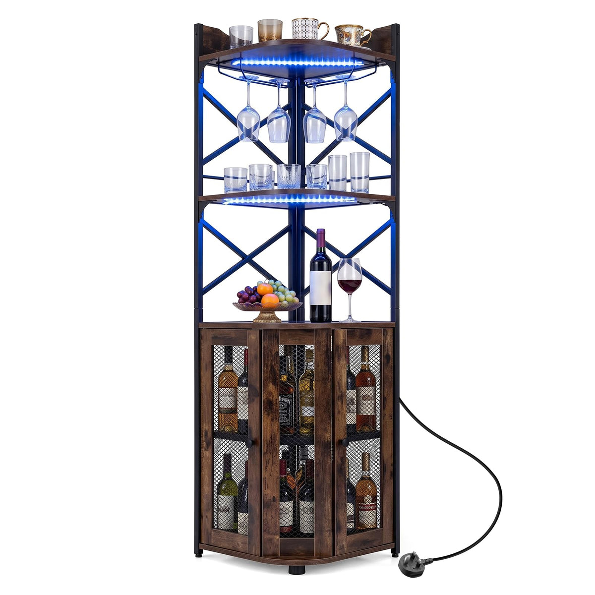 Corner Bar Cabinet with LED Lights Power Outlet and Glass Holder Storage Shelves