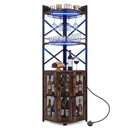 Corner Bar Cabinet with LED Lights Power Outlet and Glass Holder Storage Shelves