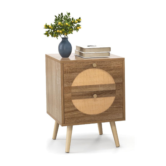 Rattan Bedside Table, Wooden Nightstand Sofa Side Table with 2 Storage Drawers