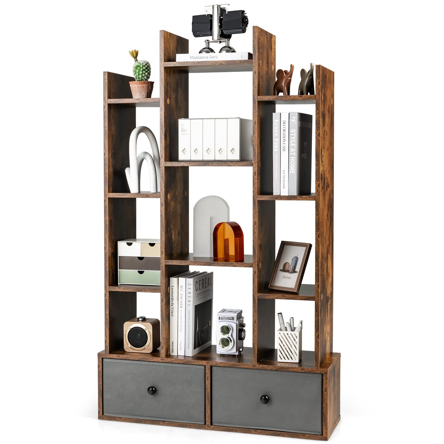 7/12-Tier Wooden Bookshelf with Folding Drawer for Study Living Room