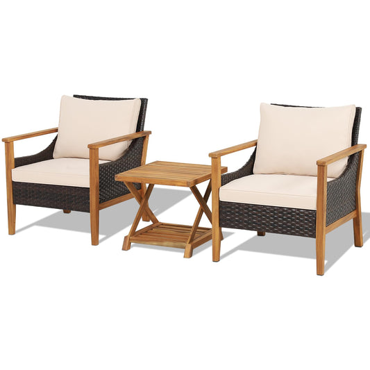 3 PCS Acacia Wood Garden Table and Chairs Patio Sofa Set with Coffee Table and Cushions
