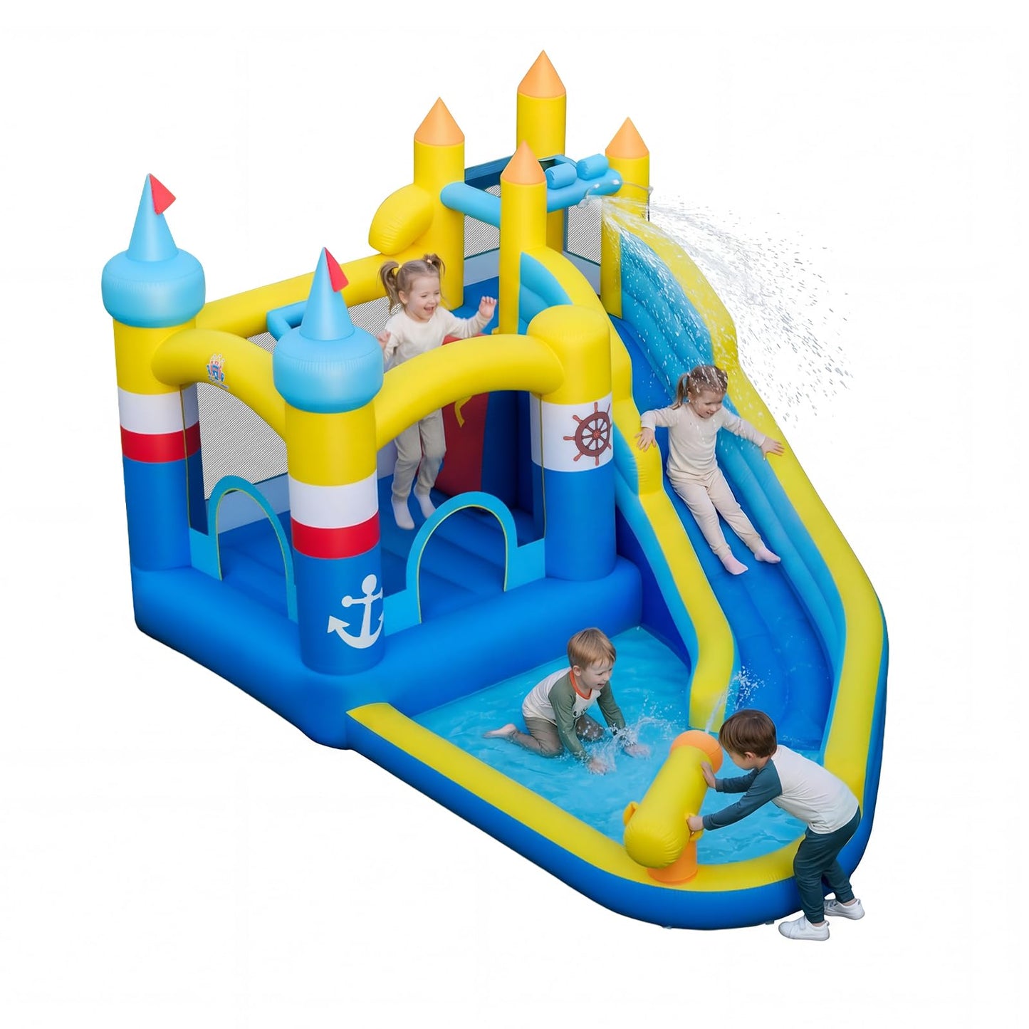 Inflatable Water Park, Kids Bouncy Castle with Slide, Splash Pool, Water Cannon, Climbing Wall