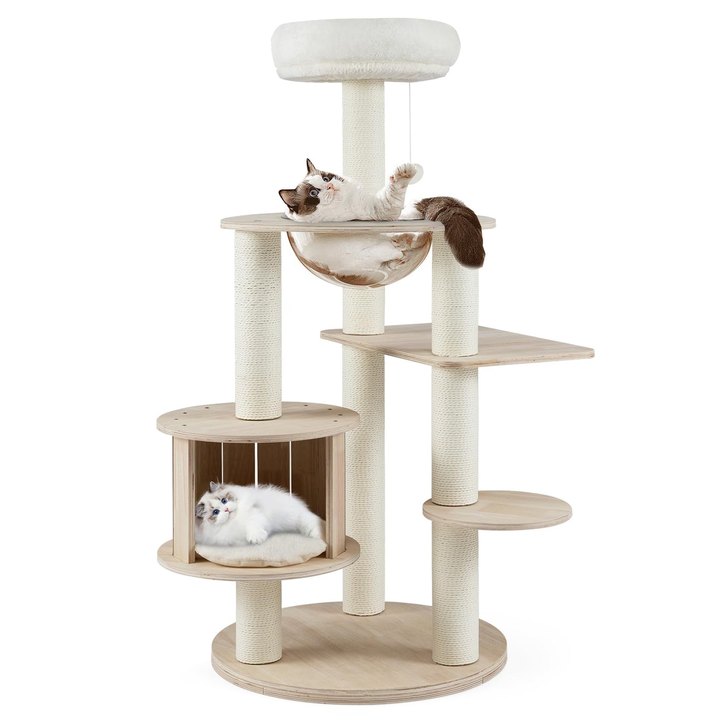 132cm Tall Wooden Cat Tree Solid Plywood Kitten Tower with Space Capsule