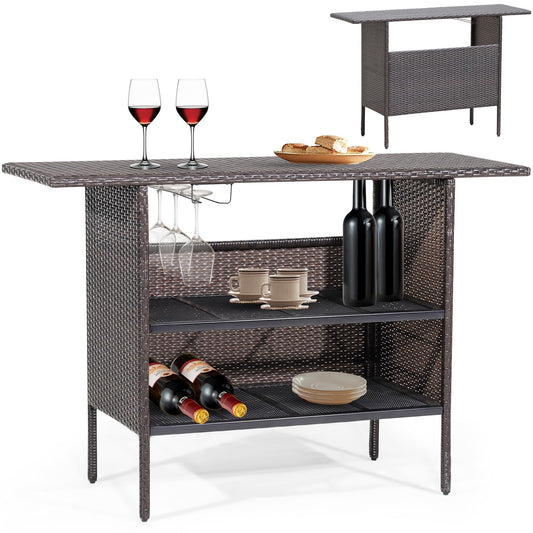 All Weather Wicker Bar Counter Table with 2 Metal Mesh Shelves