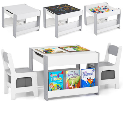 4 in 1 Kids Table and Chairs Set with Reversible Tabletop and Bookshelves