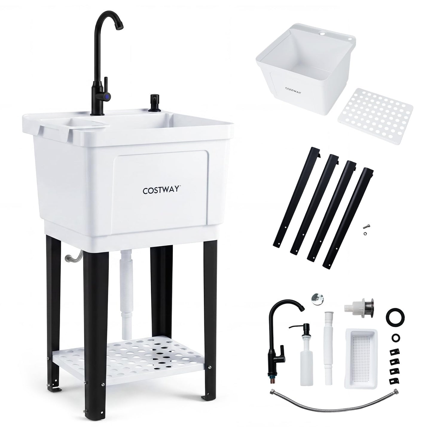 Freestanding Single Bowl Utility Sink, 55L Drain Laundry Tub with Faucet