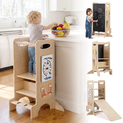 Toddler Step Stool Wooden Kids Standing Tower with Safety Rails