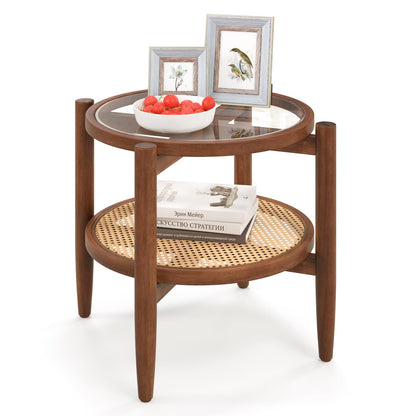 2-Tier PE Rattan Round Side End Table with Tempered Glass Tabletop