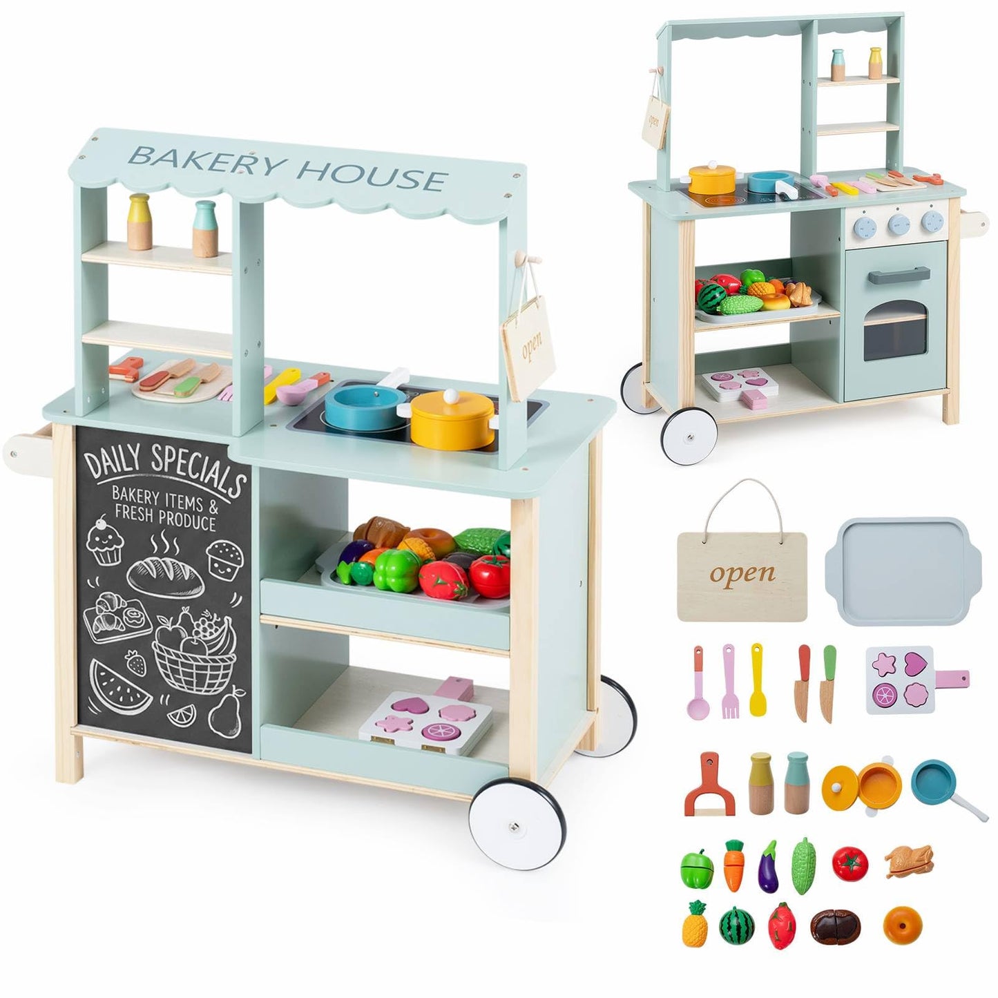 Kids Play Kitchen, Wooden Toy Kitchen with Stoves, Oven, Chalkboard