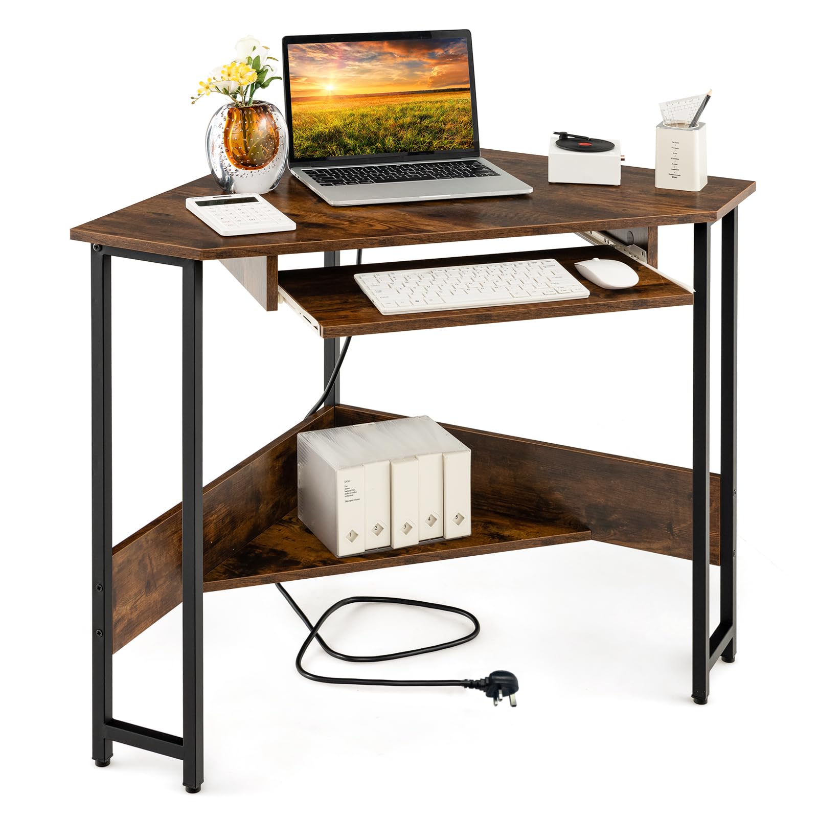 Triangle Top Computer Table Corner Computer Desk, Triangle PC Laptop Table with Power Outlet and S ...
