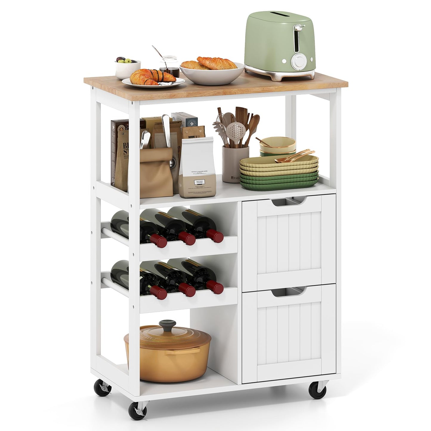Rolling Kitchen Island Cart with Rubber Wood Top, White
