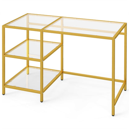 Tempered Glass Computer Desk Modern Office Desk with Open Storage Shelves