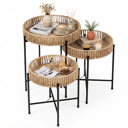 Set of 3 Round Nesting Side Tables Weaving End Tables with Metal Legs