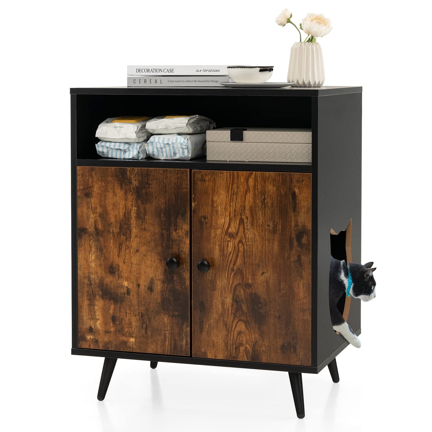 Hidden Cat Litter Box Enclosure, Wooden Kitty House End Table with Open Shelf