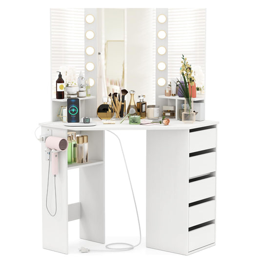 Corner Dressing Table with 3-Angle LED Lights Mirrors & Charging Station