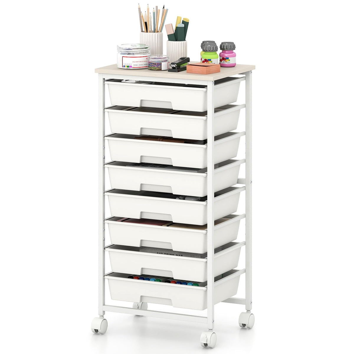 8 Drawers Storage Trolley, Rolling Utility Cart with Wooden Top