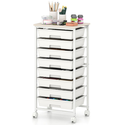 8 Drawers Storage Trolley, Rolling Utility Cart with Wooden Top