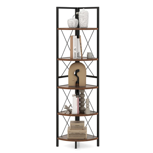 160 CM 5 tier Corner Bookshelf with Metal Frame X-shaped Brackets