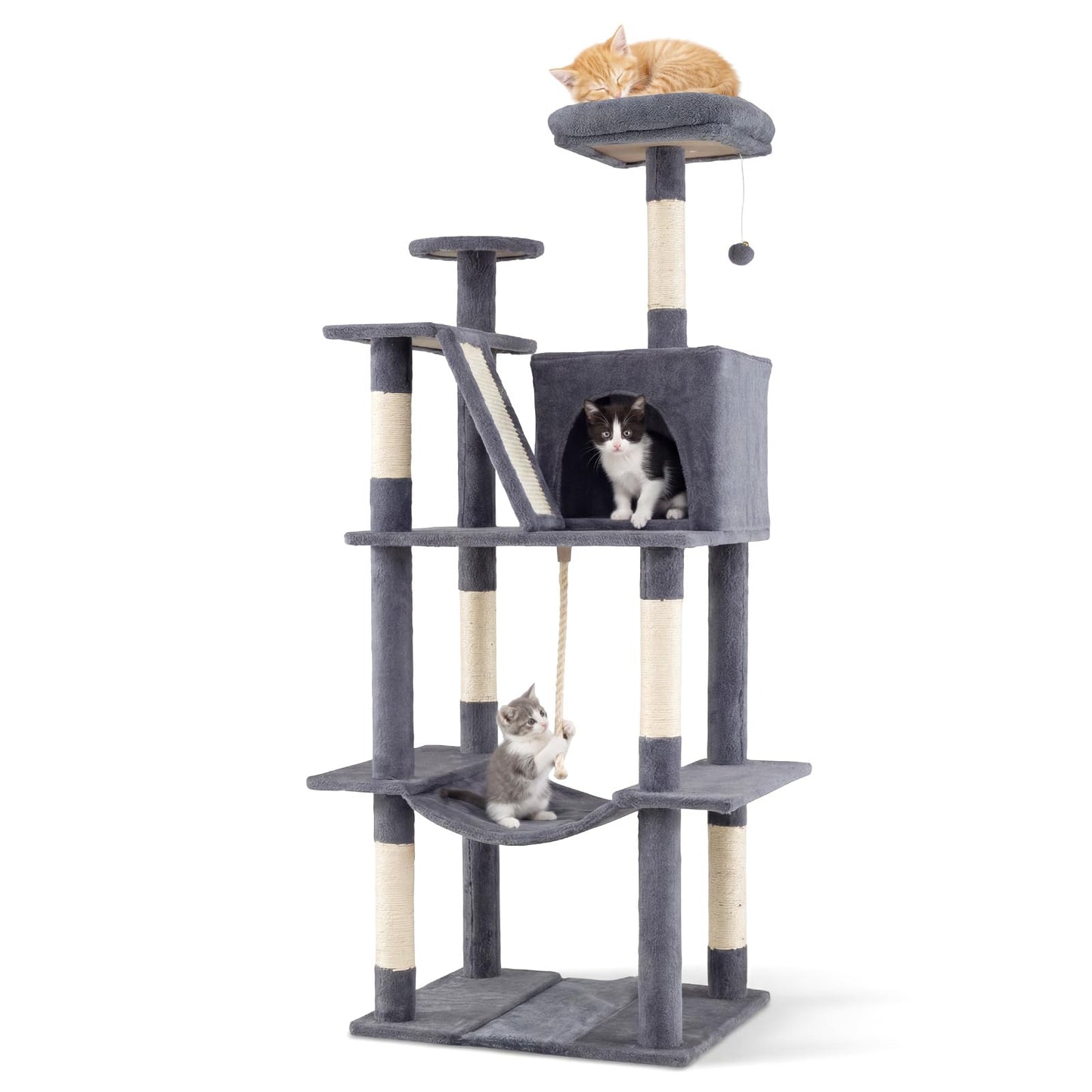 Cat Tree, 158cm Tall Multi-Layer Cats Tower with Plush Top Perch, Cave, Hammock, Sisal Scratching Posts