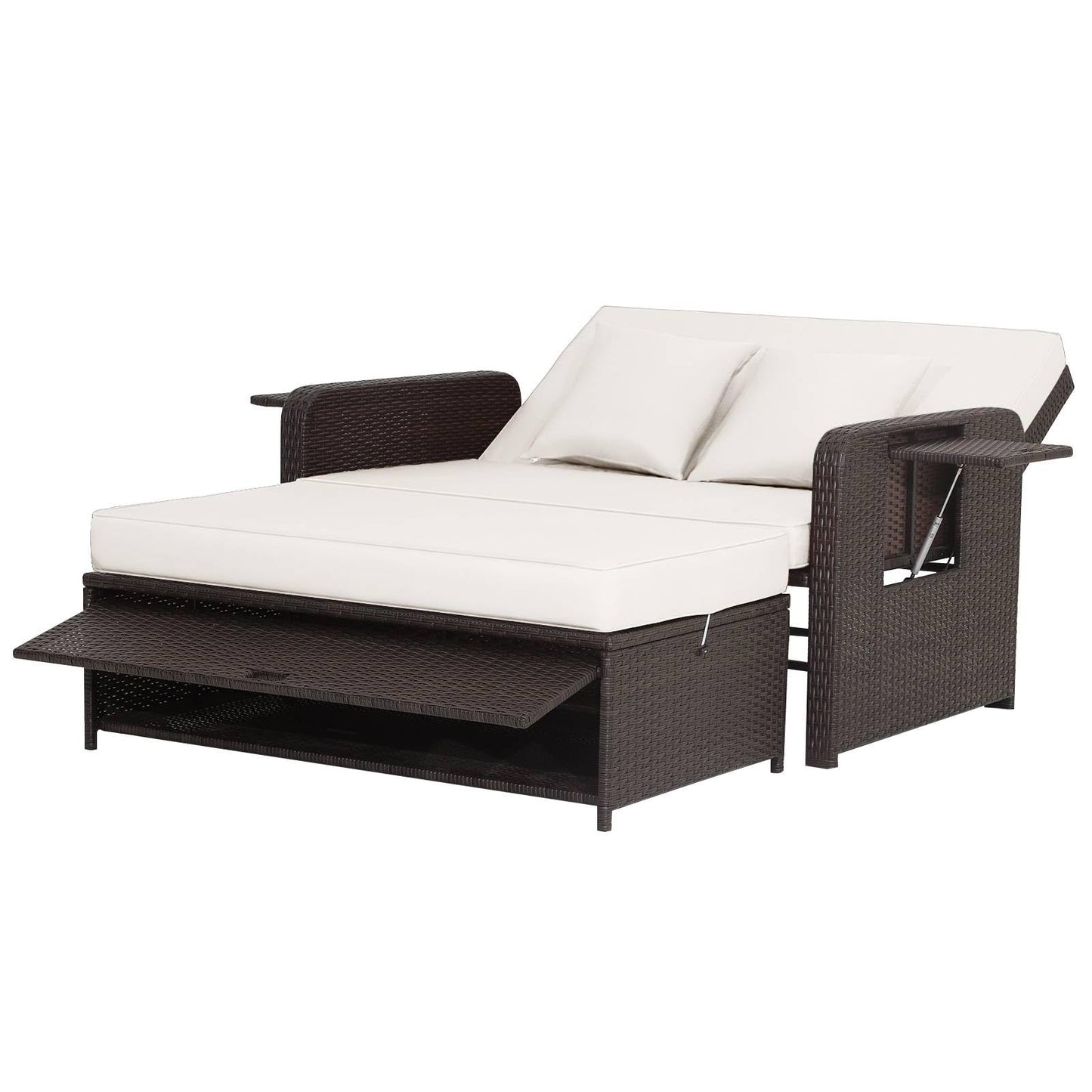 Garden Rattan Daybed, 4-Level Adjustable Patio Wicker Loveseat Sofa Bed Sun Lounger