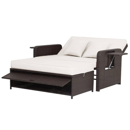 Garden Rattan Daybed, 4-Level Adjustable Patio Wicker Loveseat Sofa Bed Sun Lounger