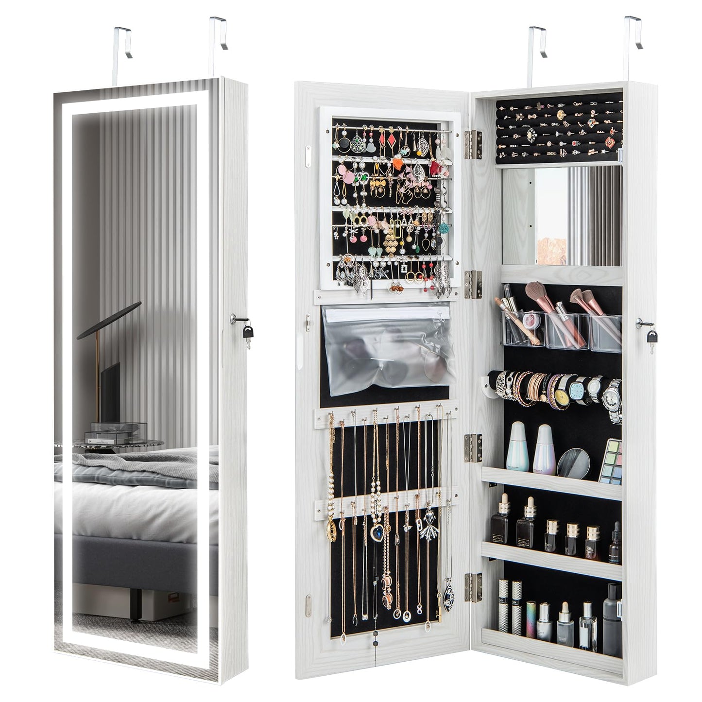 Door Hanging/Wall Mounted Jewelry Armoire with Full Length Mirror and Large Storage