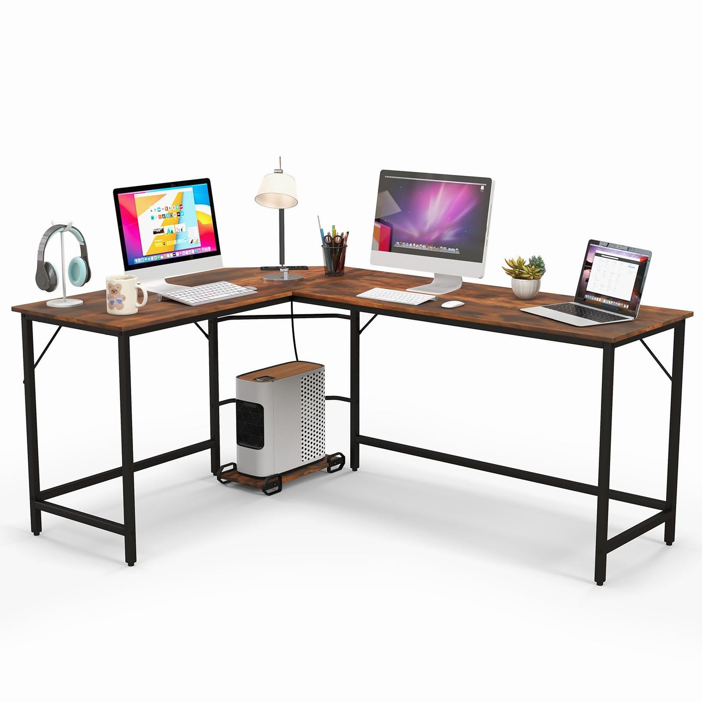下架-排插有问题L-Shaped Computer Desk, 168cm Metal Frame Corner Writing Workstation with Charging Station