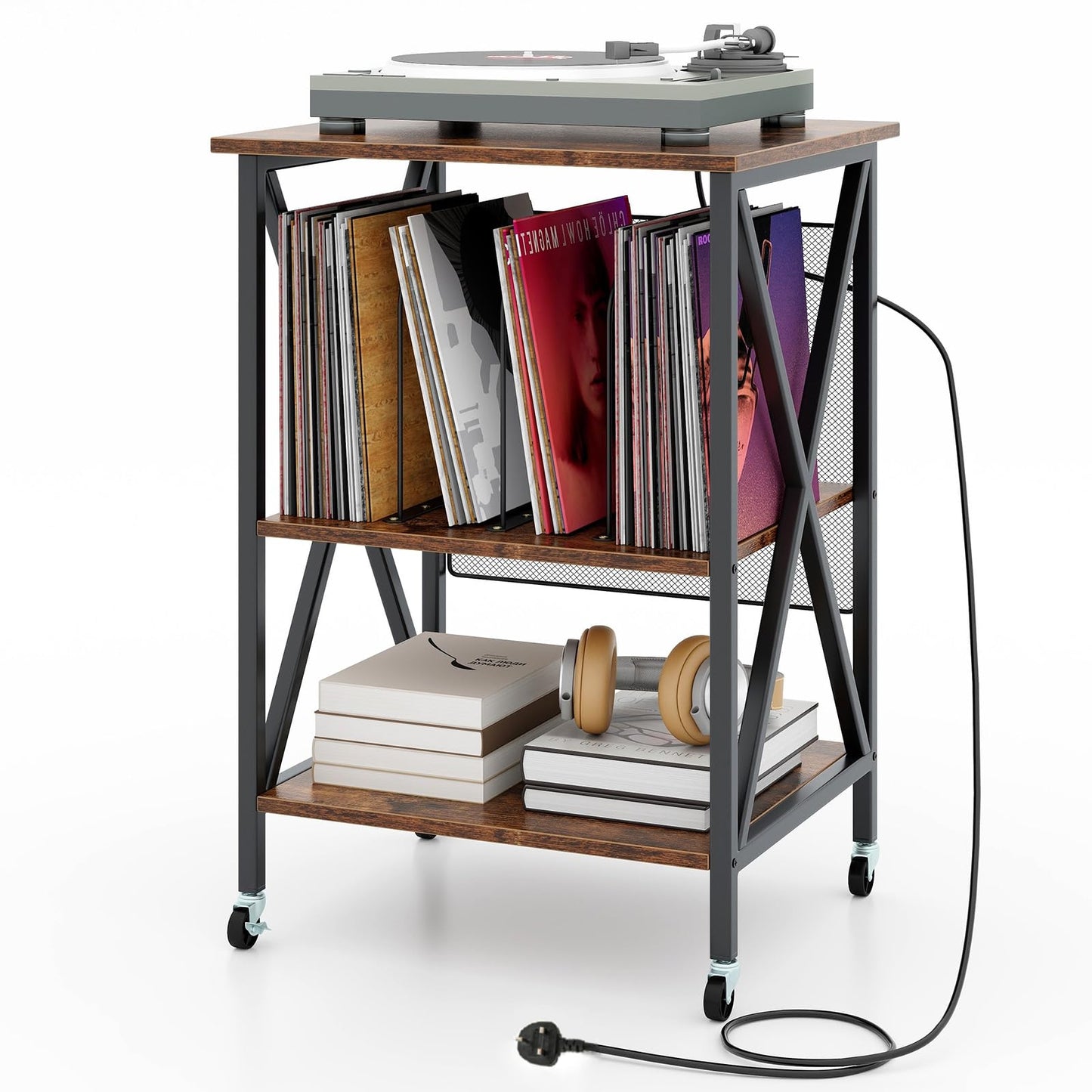 Turntable Record Player Stand with Builtin Charging Station and Divider