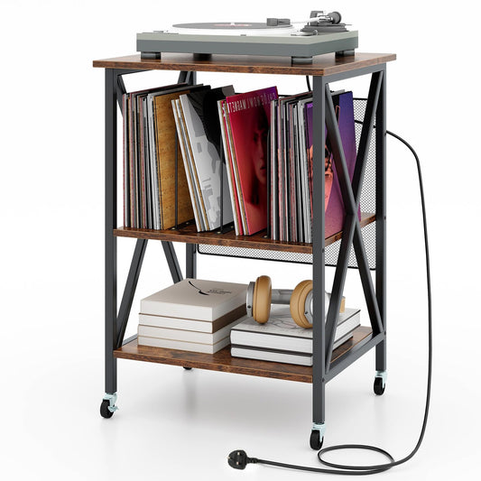 Turntable Record Player Stand with Builtin Charging Station and Divider
