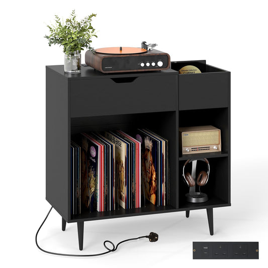Record Player Stand with Charging Station, Turntable Stand End Side Table with Drawer