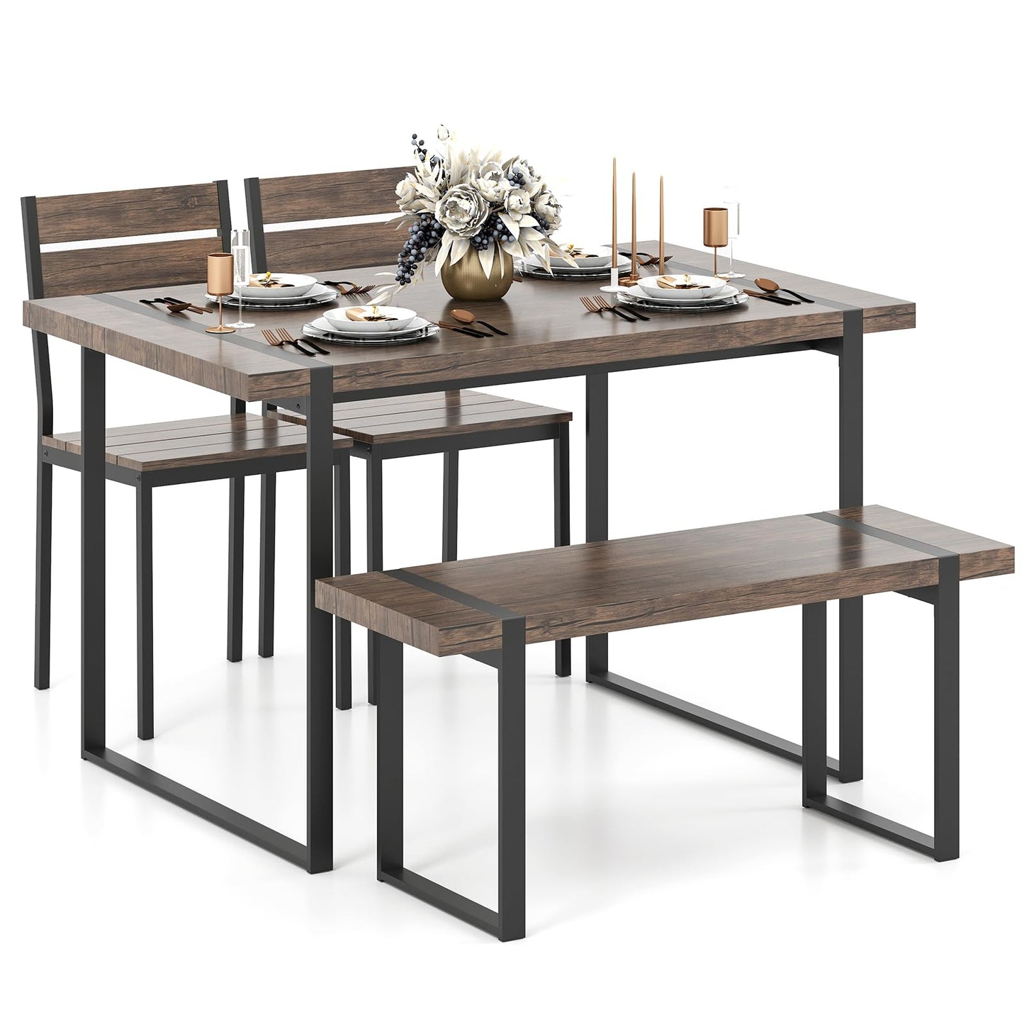 4-Piece Wooden Rectangular Dining Table Set with 1 Bench and 2 Armless Chairs for 4