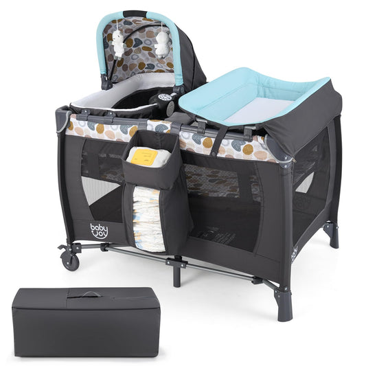 5 in 1 Travel Cot, Portable Baby Crib Bassinet with Rocking Bassinet & Diaper Changing Table