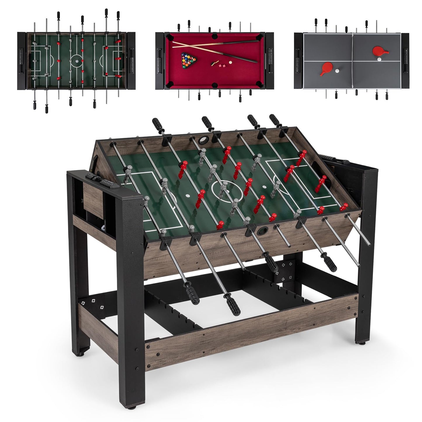 3-in-1 124CM Swivel Game Table with Foosball Pool Billiards Table Tennis
