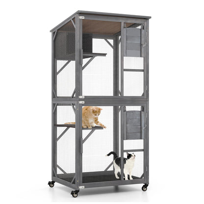 Large Wooden Cat House on Wheels with Resting Box
