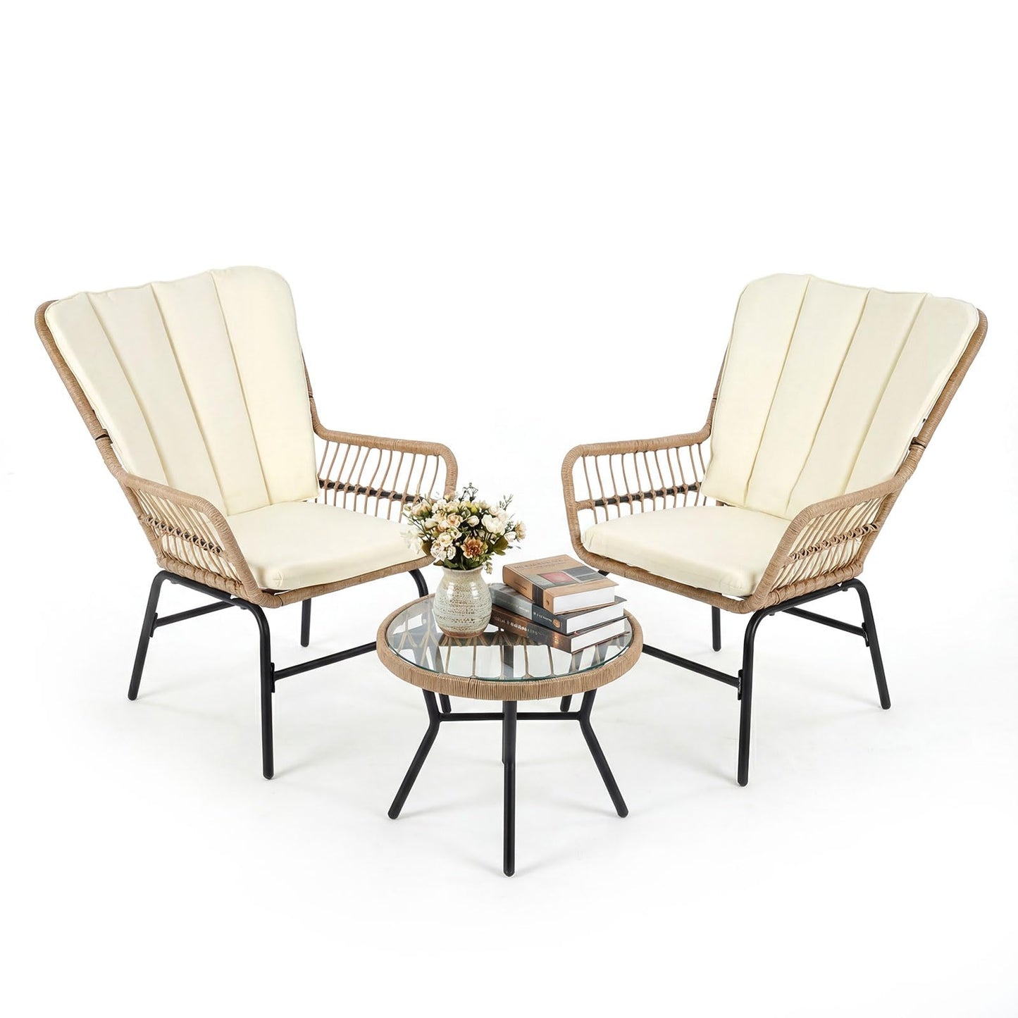 3 Pieces Patio Bistro Set Outdoor PE Wicker Conversation Set with Tempered Glass Coffee Table