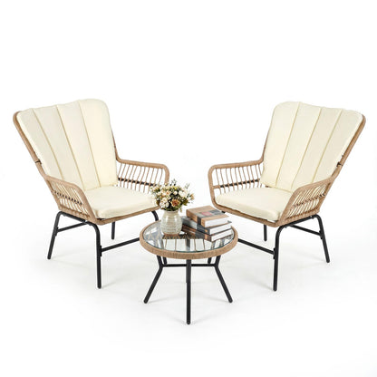 3 Pieces Patio Bistro Set Outdoor PE Wicker Conversation Set with Tempered Glass Coffee Table