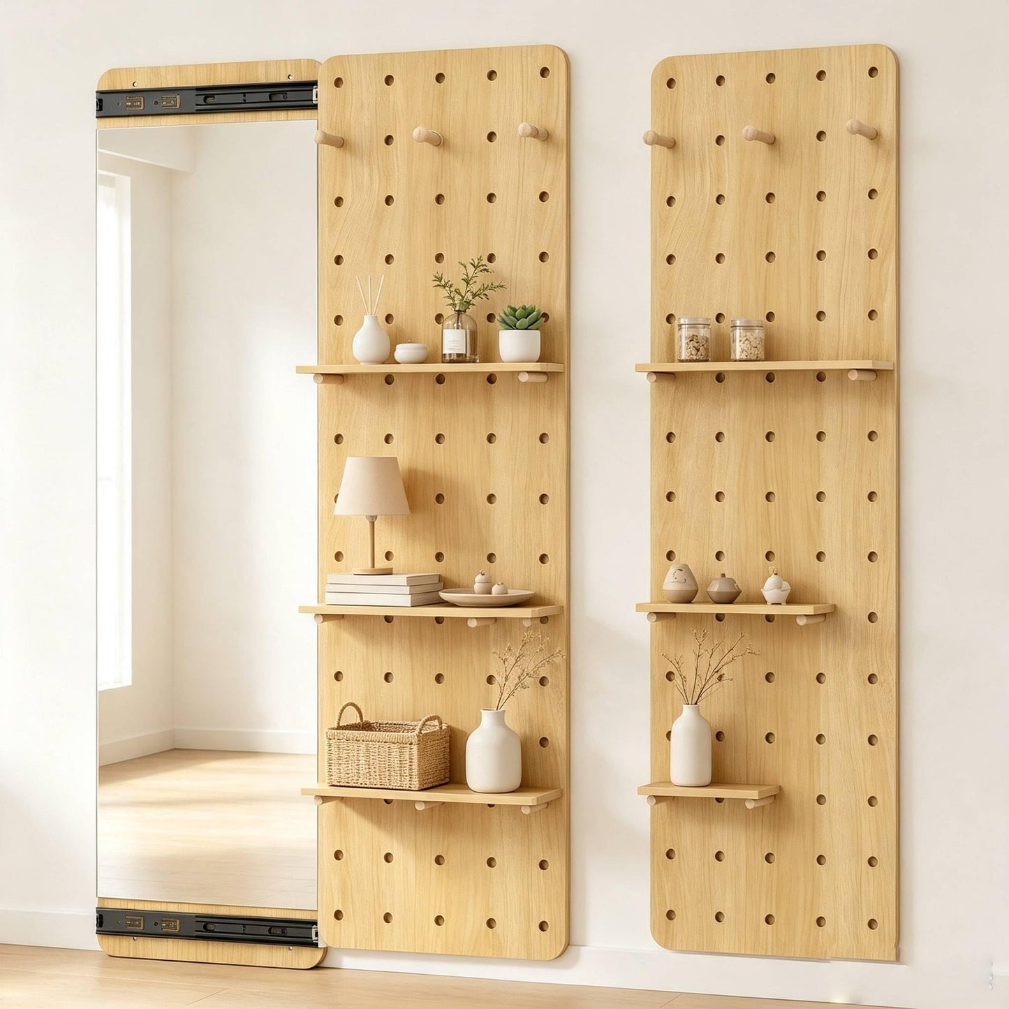 Wall Mounted Full Body Mirror with Sliding Pegboard Storage