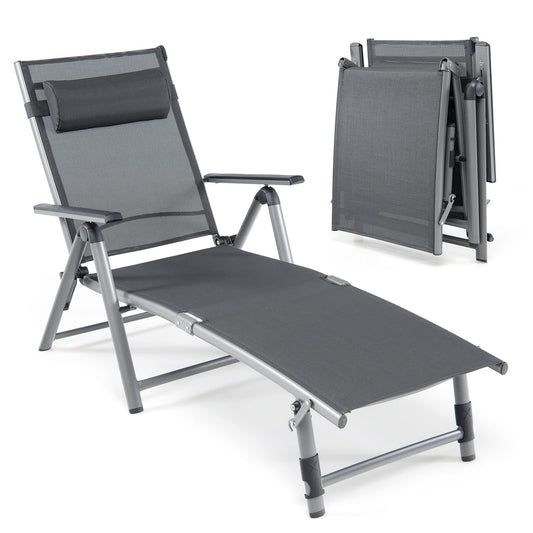 8 Positions Adjustable Garden Chaise Lounge Sunbed with 2-Level Foldable Legs and Pillow