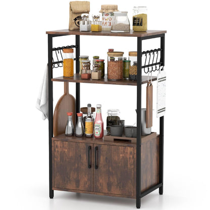 3-Tier Kitchen Bakers Rack with Cabinet Open Shelves and 10 Removable S-Shaped Hooks