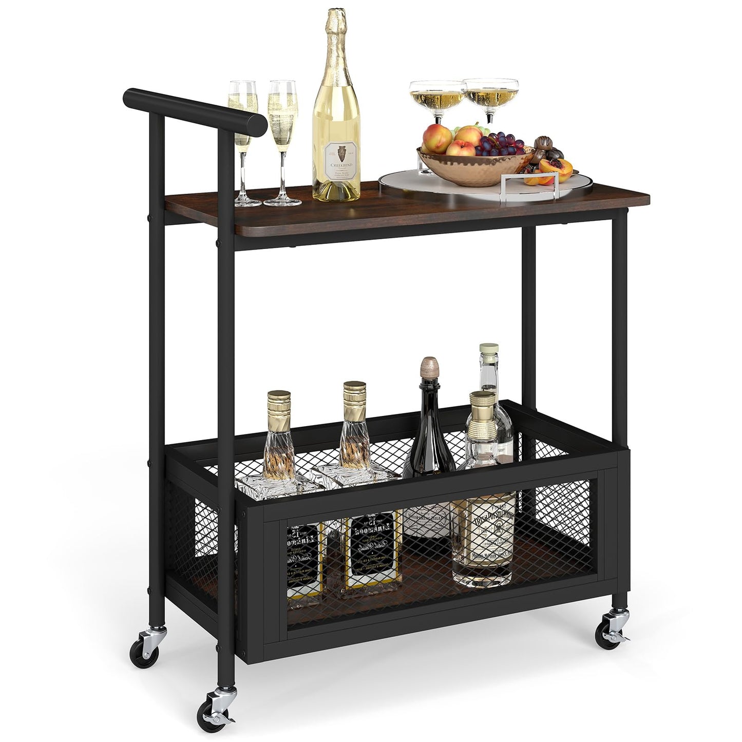 Rolling End Table with Handle 2-Tier Sofa Side Table with Open Shelf