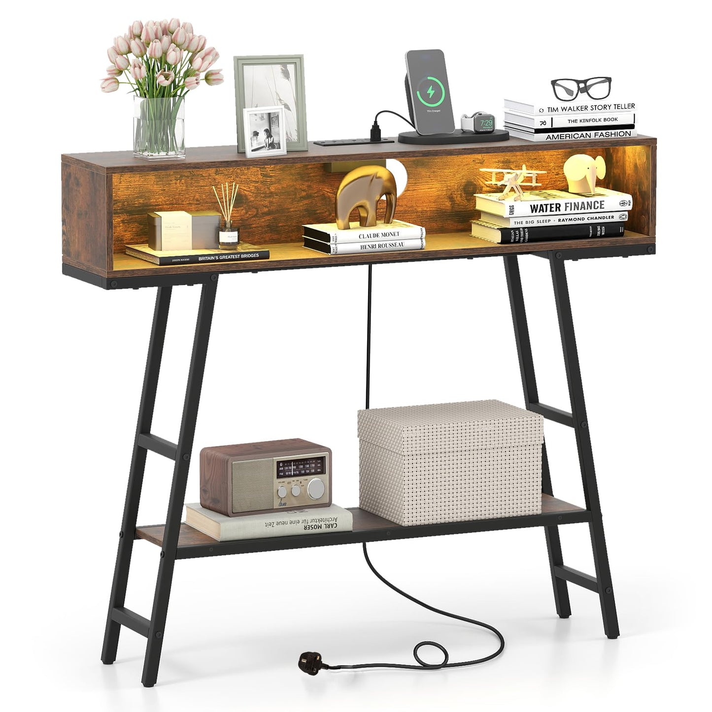 Console Table with LED Lights and Charging Station, 3-Tier Narrow Entryway Table with Storage Shelves